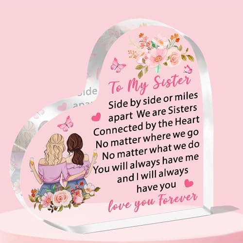 Image of JETTOP Sister Gifts - Gifts for Sister Birthday Christmas Female Girls Heart Plaque Acrylic Sisters Connected By Heart