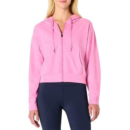 Image of Amazon Essentials Women's Athletic Soft Performance Lightweight Cropped Zip-Up Workout Hoodie, Pink Space Dye, L