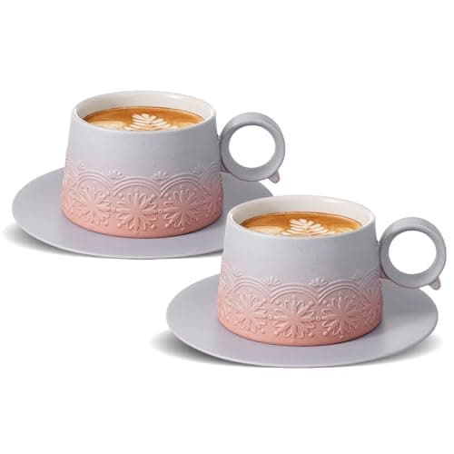 Image of ZENS Cappuccino Cups and Saucers Set of 2, 220 ml Gradient Ceramic Cappuccino Mug for Au Lait, Grey Pink Embossed Artistic Cappuccino Coffee Cups for Latte Art, Cafe Mocha or Tea, Baristas Gifts