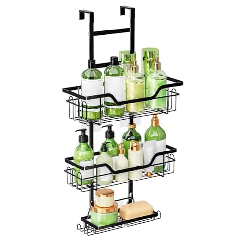 Image of MDDK DY Shower Caddy Hanging – 3-Tier Over-Door Rustproof Shower Organiser, No-Drill Bathroom Storage Shelf for Shampoo, Soap & Toiletries, Black