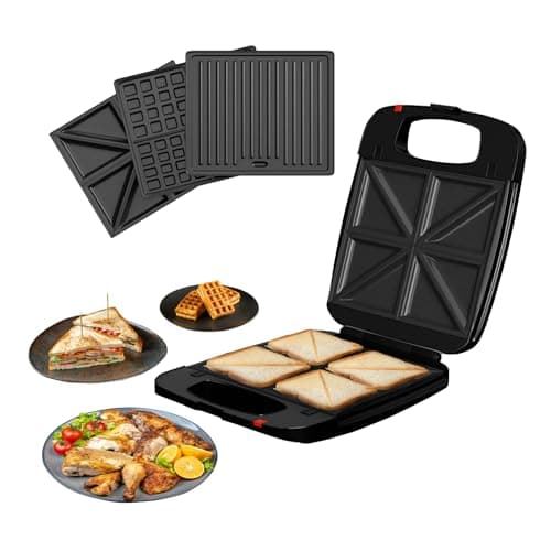 Image of DMD Collective - 3-in-1 Family Toastie Maker Sandwich Toaster, 4 Slice Waffle Maker, Panini Press Deep Filled Removable Plates with Non-Stick Coating & Drip Trays 1200W