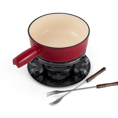 Image of Swissmar Lugano Fondue Set 9-Piece, Cast Iron/Stainless Steel, Cherry Red, 2L, Multi-Purpose Fondue Set for Cheese and Chocolate, Gift Boxed