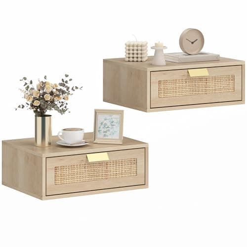 Image of HOMCOM Floating Bedside Tables Set of 2, Wall Mounted Bedside Cabinets with Rattan Drawer and Wood Effect, Boho Nightstands for Bedroom, Oak