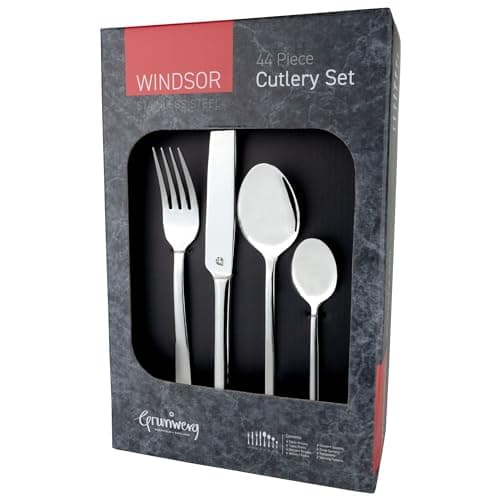 Image of Grunwerg Windsor Carded 44-Piece Boxed Mirror Cutlery Set 44BXWDR, 18/0 Stainless Steel, Silver
