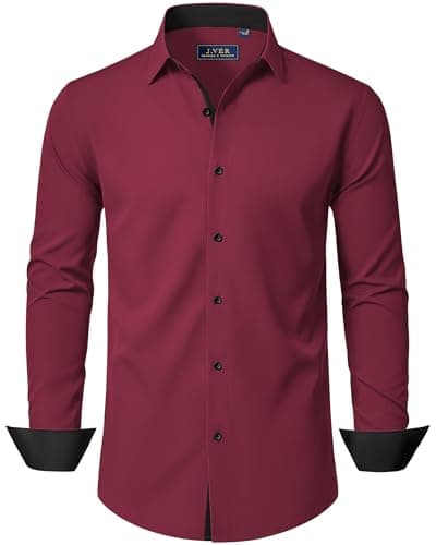 Image of J.VER Dress Shirts for Men Long Sleeve Slim Fit Business Casual Stretch Non Iron Wedding Fashion Formal Burgundy Red Shirt S
