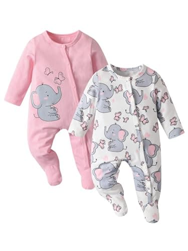 Image of Tearfuty Newborn Baby Girls Rompers Elephant Print Long Sleeve One-Pieces Jumpsuit Pack of 2 3-6M