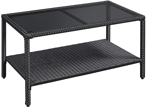 Image of Yaheetech Outdoor PE Rattan Coffee Table, 2-Layer Bistro Patio Furniture with Tempered Glass Top, Rectangular Tea Table with Storage Rack, for Outdoor/Indoor/Garden/Balcony/Backyard, Black