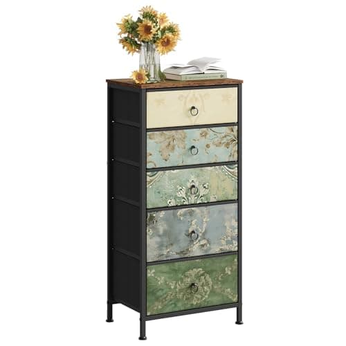 Image of WOLTU Chest of Drawers, 5 Storage Drawers for Bedroom/Hallway/Living Room, Rustic Brown and Black with Retro Flower Pattern, Metal Frame, 45.5x30x95.5cm, SSK004pw-UK