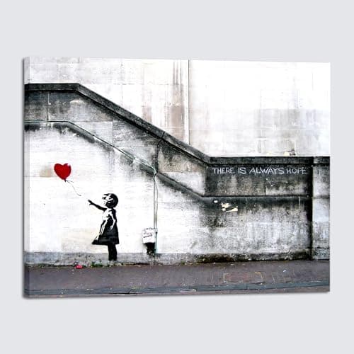 Image of Wieco Art Large Canvas Prints of Banksy Grafitti Girl with Red Balloon Grey Love Pictures Paintings for Living Room Bedroom Home Decorations Modern Framed Giclee Artwork
