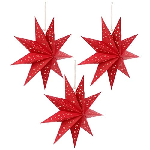 Image of FRCOLOR 3pcs Paper Star Lantern Lampshade Hanging Christmas Star Ornaments Hanging Lamp Snowflakes Decorations Wedding Birthday Party Home Decorations Red 35cm