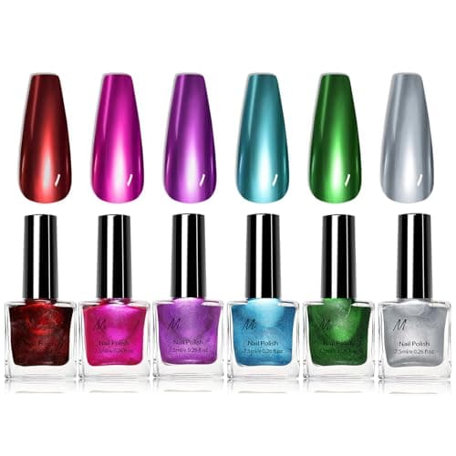 Image of 6 Colors Metallic Nail Polish Set, Chrome Holographic Silver Red Nail Polish Quick Dry Nail Varnish Blue Green Purple Metal Chrome Nail Art Varnish Manicure DIY Nail Art Home For Women