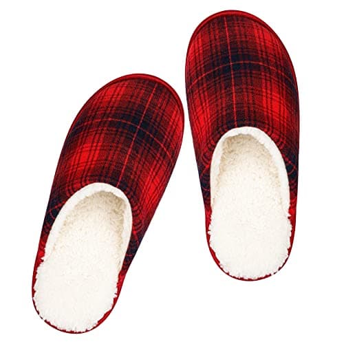 Image of riemot Womens Mens Slippers, Memory Foam Fluffy Comfort Slipper, Winter Warm Indoor Outdoor Shoes, Fur Collar Fleece Lined & Terry Cloth House Slippers, Black Red EU 42-43/UK 8-9