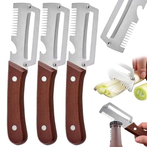 Image of 3PCS Multi Functional Vegetable Peeler with Scallion Slicer & Bottle Opener and Wooden Handle Stainless Steel Blade Kitchen Tool for Cane Potato Fruit Pineapple Pumpkin Papaya Carrot Veggie Peeler