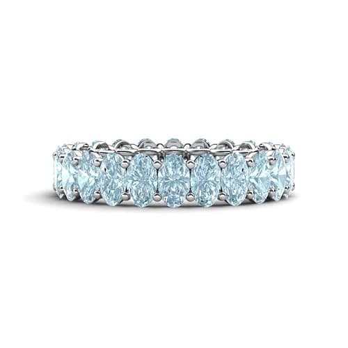 Image of Sterling Silver 925 Aquamarine Brilliant Cut Oval 5x3mm Eternity Wedding Band Ring With Rhodium Plated Ring For Woman's And Girls (M)