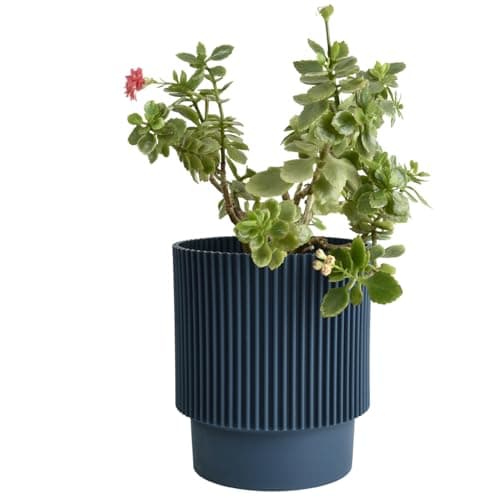 Image of B2C Plant Pots Flower Planter 3 Colours 3 sizes Plastic Pot Modern Elegant Textured Modern Home Garden Indoor Outdoor use Convex stripes (Dark Blue, W17cm x H19cm)