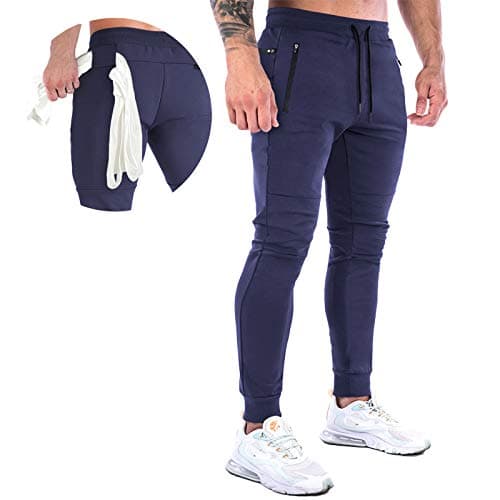 Image of MakingDa Tracksuit Bottoms Men Slim Fit Gym Joggers Training Pants Tapered Skinny Cuffed Sweatpants Jogging Activewear Trousers Elastic Waist Drawstring Zip Pockets-Dark Blue-2XL