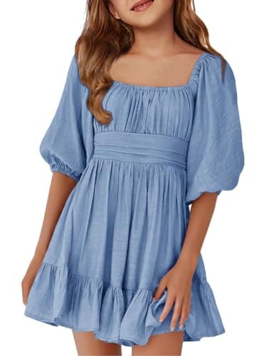 Image of Haloumoning Girls' Summer Dresses Short Sleeve Square Neck Lace-Up Backless Ruffle A-line Party Mini Dress, Blue, 8-10 Years
