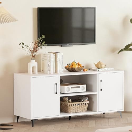 Image of Ansley&HosHo TV Cabinet, Modern 120cm TV Stand with 2 Doors, Media Console Table for up to 60 Inch, Wood Media Entertainment Center for Living Room Bedroom (White)