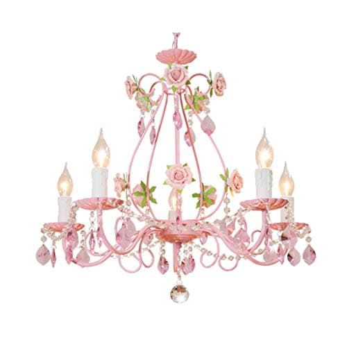 Image of Tuzhi Pink Gypsy Chandelier, 5-Light, Pink Metal Frame with Pink Acrylic Crystals, Wrought Iron Rose, Suitable for Living Room, Dining Room, Bedroom, Study Room, Size: 23.6" W x 20.5" H x 19.7" Chain