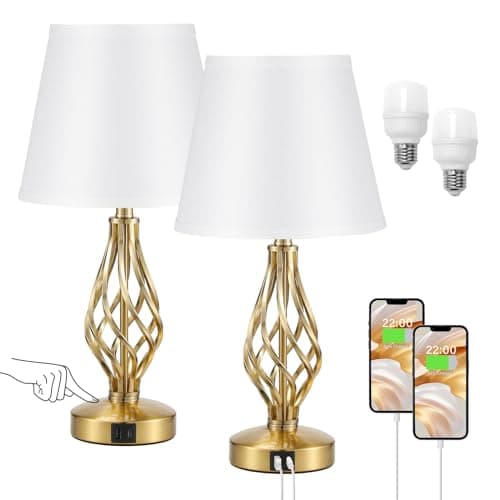 Image of Touch Table Lamps Set of 2, Bedside Lamps with USB-C USB-A Ports, Bedroom Lamps with White Shade and Spiral Cage Design Gold Base, 3 Way Dimmable Table Lamps for Bedroom Living Room and Hotel
