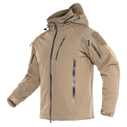 Image of TACVASEN Mens Fleece Jacket Full Zip Outdoor Coats with Hood Waterproof Softshell Jackets Windproof Walking Coat Khaki,L
