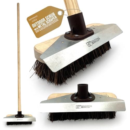 Image of 9” Yard Brush Outdoor Scrubber with Built-In Metal Scraper Yard Brush Heavy Duty Outdoor with 120cm Wooden Handle Bassine Garden Broom Sweeping Long Handled Scrubbing Broom