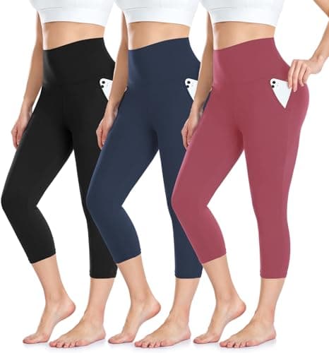 Image of BLONGW 3 Pack Capri 3/4 Length Leggings for Women,High Waisted Cropped Leggings Soft Sport Trousers with Pockets for Workout Gym Yoga Fitness Running(Black/Navy Blue/Rose,L-XL)