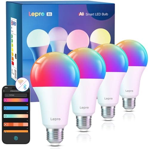 Image of Lepro AI Smart Bulb E27, 4 Packs 1520LM Colour Changing Light Bulb, 12W(100W) WiFi Bulbs, Schedule & Timer, Work with Alexa & Google Assistant, Personalized AI Lighting Designer