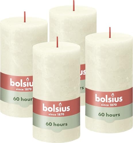 Image of Bolsius Rustic Pillar Candle - Ivory- Pack of 4 - Long Burning Time of 60 Hours - Household Candle - Interior Decoration - Unscented - Natural Vegan Wax - No Palm Oil - 130 x 70 mm