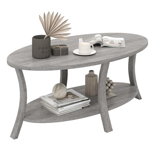 Image of COSTWAY 2-Tier Oval Coffee Table with Storage Shelf, Solid Rubber Wood Cocktail Center Table, Farmhouse Rustic Accent Sofa Side Tea Tables for Living Room Office, Grey