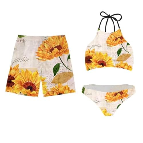 Image of Jeiento Yellow Sunflower Matching Swimsuits for Couples Honeymoon Vintage Style Two Piece Bikini Sets for Women High Waisted Bikini Push Up Swimsuit Halter Wrap Thong Bathing Suit-XL