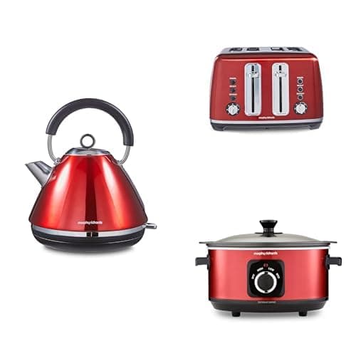 Image of Morphy Richards Accents Kitchen Bundle, 1.5L, 3KW Rapid Boil Pyramid Kettle, 4 Slice Toaster & Slow Cooker 3.5L, Easy Operation, Stylish Retro Design, Matching Set, Red, 102048 | 242048 | 460026