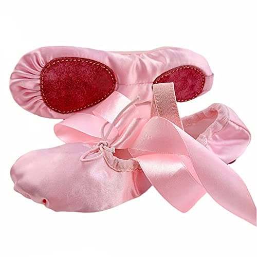 Image of Ballet Shoes Pink Ballet Dance Shoes, Split Sole, with Ribbons Style Girls Dance Shoes Dark Pink (3 UK)