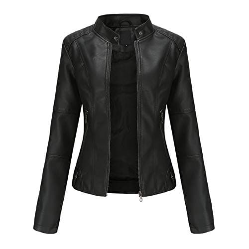 Image of YYNUDA Leather Jacket Women PU Biker Moto Jacket Zip Up Classic Short Bomber Jacket Standing Collar Motorcycle Coat Black L