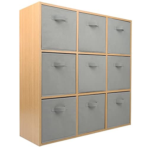 Image of Charles Jacobs Oak 9 Cube Storage Shelving Unit + 9 Grey Fabric Drawers