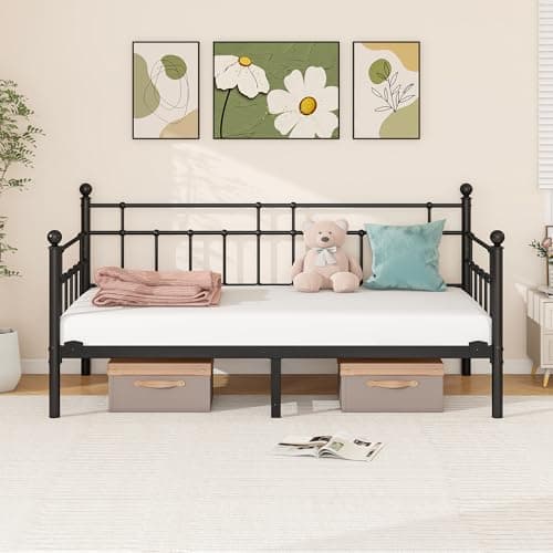 Image of HOMERECOMMEND Metal Single Daybed Frame 3ft Sofa Bed Frame 90x190 cm Bed Steel Slats Platform Base Box Spring Children Bed Sofa Living Room Guest Room Black