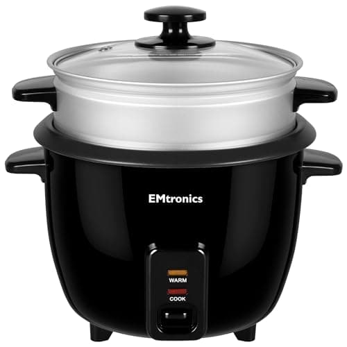 Image of EMtronics EMRCDSTBL1-5 Rice Cooker 1.5 Litre with Automatic Cooking, Steamer Tray and Warmer Function with Removable Non-Stick Bowl, Measuring Cup and Spatula 500W - Black