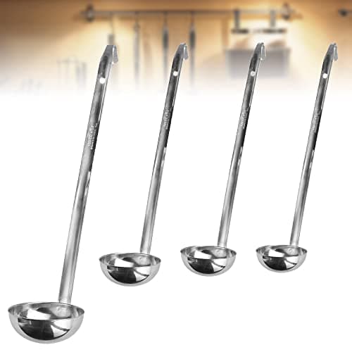 Image of TANCUDER 4 PCS Soup Ladle Stainless Steel, 1/2/3/4 oz Sauce Spoon Metal Gravy Ladle Professional Serving Ladle Small Canning Ladle Kitchen Utensil Spoon with Hook & Long Handle for Cooking, Silver