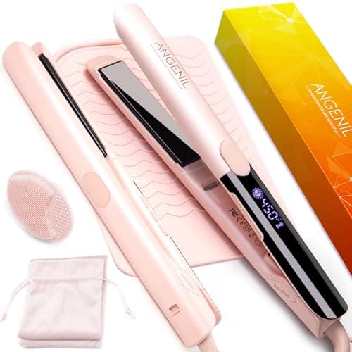 Image of ANGENIL Pro Titanium Flat Iron Hair Straighteners for Women, Dual Voltage Hair Straightening and Curling Iron in One, 20s Fast Heating, Ionic Round Pink Travel Straighteners with Heat Proof Mat