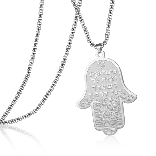 Image of VASSAGO Hamsa Hand of Fatima Necklace Jewish Star of David Necklace for Women Men Stainless Steel Hebrew Amulet Symbol Jewelry Gift (silver hamsa necklace-box chain)