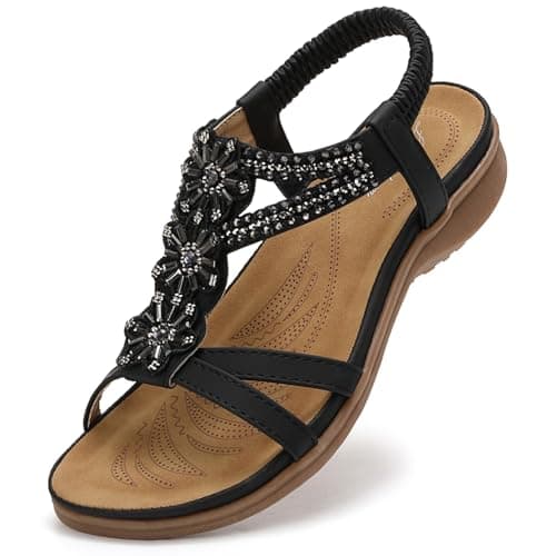 Image of Littleplum Women's Flat Sandals Casual Summer Bohemia Rhinestones Sandals, Black, 6.5 UK