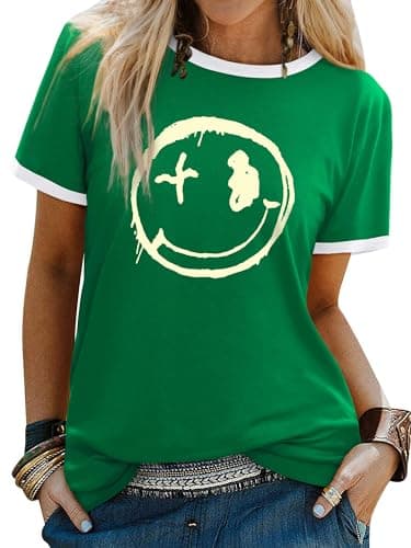 Image of WIEIYM Women's T-Shirts Crew Neck Short Sleeve Ladies T Shirts Casual Summer Tops Smile Face Printed Tee Shirts Blouse S-XXL Deep Green