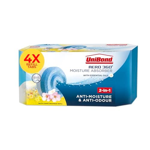 Image of Unibond AERO 360° Moisture Absorber Wildflower Meadow Refill Tab,Aromatherapy,Ultra-Absorbent and Odour-Neutralising,for Dehumidifier,Condensation Absorbers,Four Pack (4x450g),White and Blue