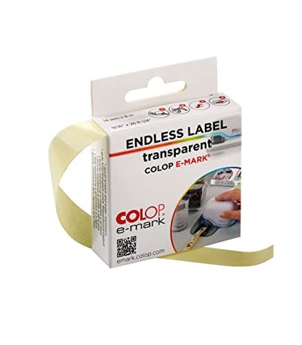 Image of COLOP e-mark continuous transparent labels | 155362 | 14mm x 8 metres | Splashproof and scratch resistant
