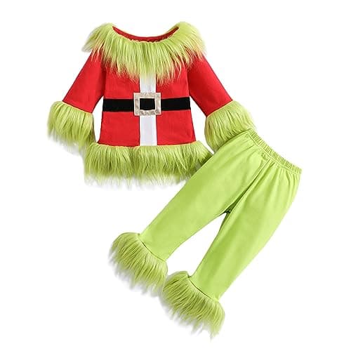 Image of Nicoxijia Toddler Baby Boys Girls Christmas Cosplay Monster Costume Outfits Green Furry Santa Long Sleeve Tops and Pants Set (Green, 4-5T)