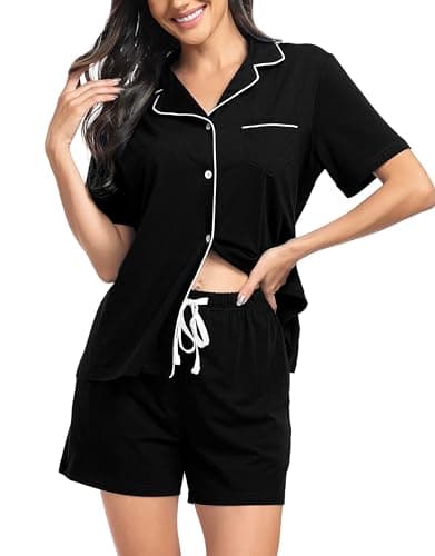 Image of Lovasy Cotton Pyjamas for Women Button Down Ladies Pajamas Short Pjs Set with Pockets,Black,M