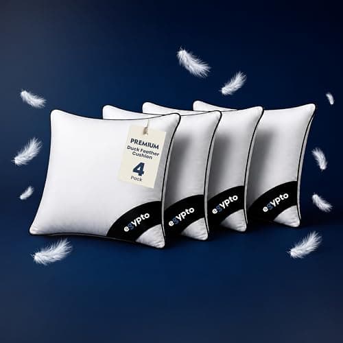 Image of EGYPTO Pack of 4 White Duck Feather Cushion Inserts 50cm x 50cm – 100% Natural Cotton Down Proof Cover – Double Stitched Seams – Non Allergenic Feather cushions inner (Pack of Four, 20" x 20")