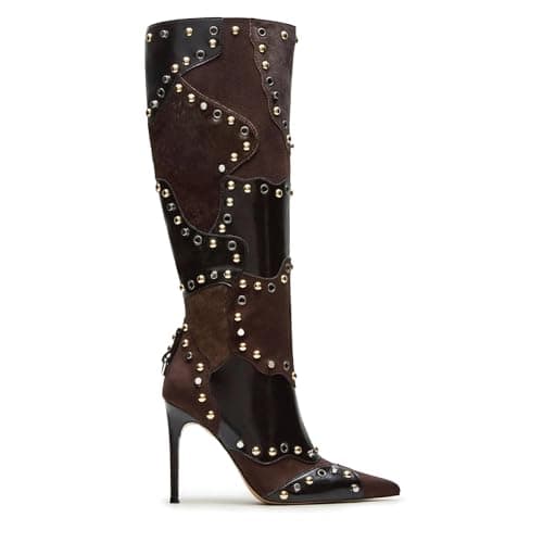 Image of DOEYG Brown Cow Animal Print Knee High Boots for Women Pointed Toe Heeled Stiletto Boots Dressy Fashion Tall Boot with Side Zipper, Brown Studded, 5.5 UK