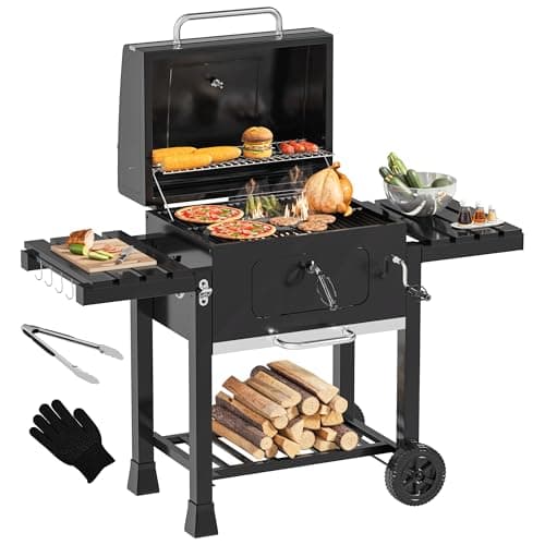 Image of YITAHOME XXL Heavy-Duty Charcoal BBQ Grill Smoker with Cast Iron Cooking Grate & Adjustable Enamel Coal Tray - Portable Barbecue for Garden, Camping, Outdoor Parties (Heatproof Gloves & Grill Tongs)