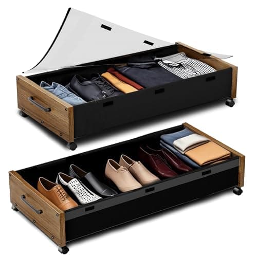 Image of Under Bed Storage with Wheels, 2 Packs Wooden Storage Containers Extra Large Underbed Shoes Organizer, Rolling Under Bed Storage Drawers with Clear Lid, Heavy Duty for Clothes Toys 36"L(Walnut Brown)